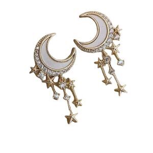 Cubic Zirconia Faux Gold Moon Celestial Dangle Stud Earrings